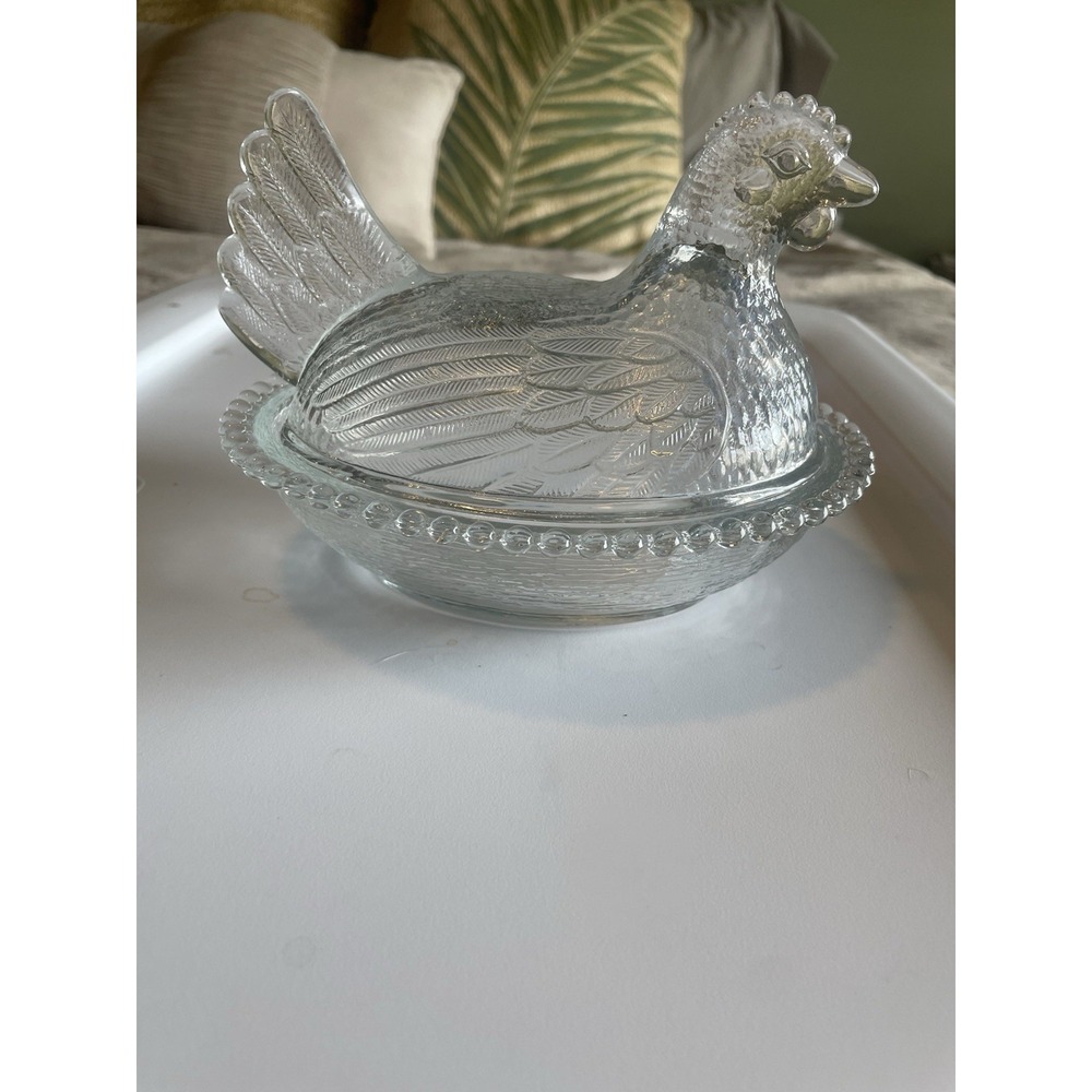 vintage "Hen on Nest" covered candy dish looks clear with a blue tint Perfect 7" - Picture 2 of 10